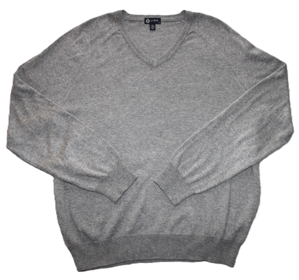 J Crew Sweater Mens Medium Gray V Neck Cotton Cashmere Tight-Knit Pullover